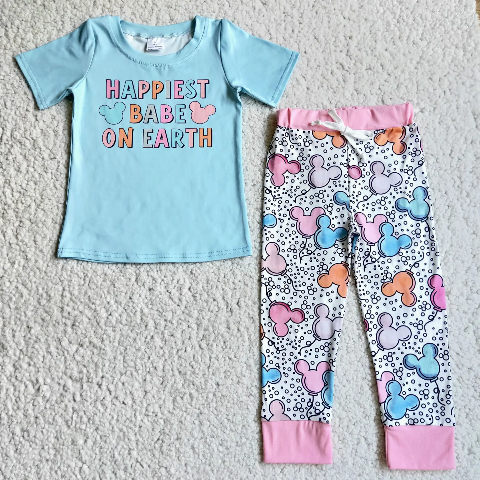 Happiest Babe On Earth Cute Sky Pink Print Boy Milk Silk Long Sleeve Pajamas 2pcs Outfit Two Pieces Kids Sleepwear Clothing