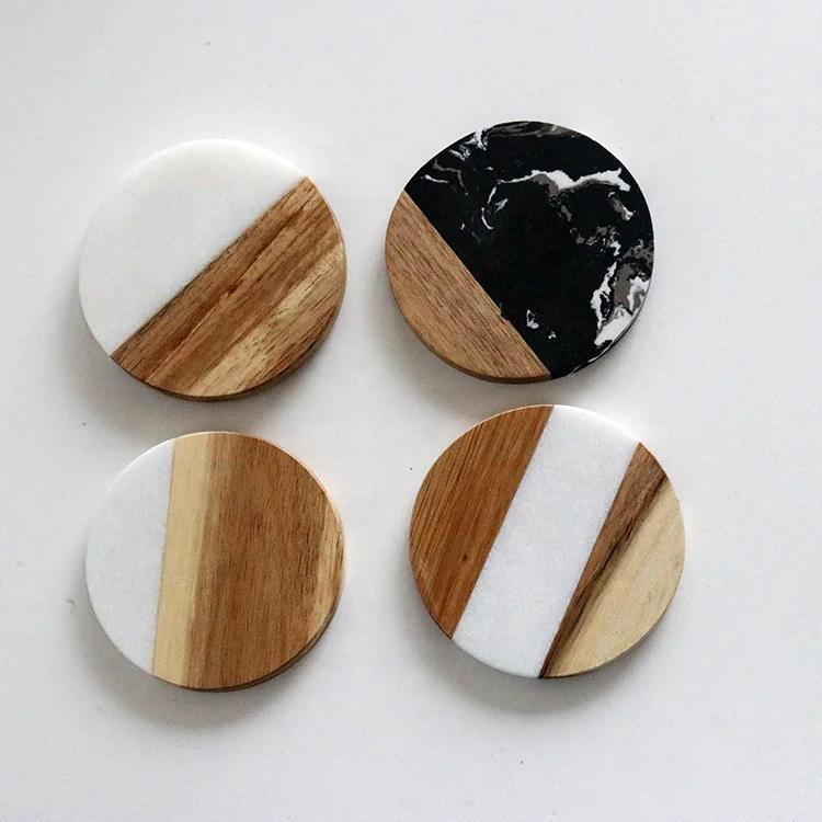 Wholesale Personalized Black Marble Coasters Custom Square Shape Marble and Wood Coasters Decoration Engraved Coffee Cup Coaster
