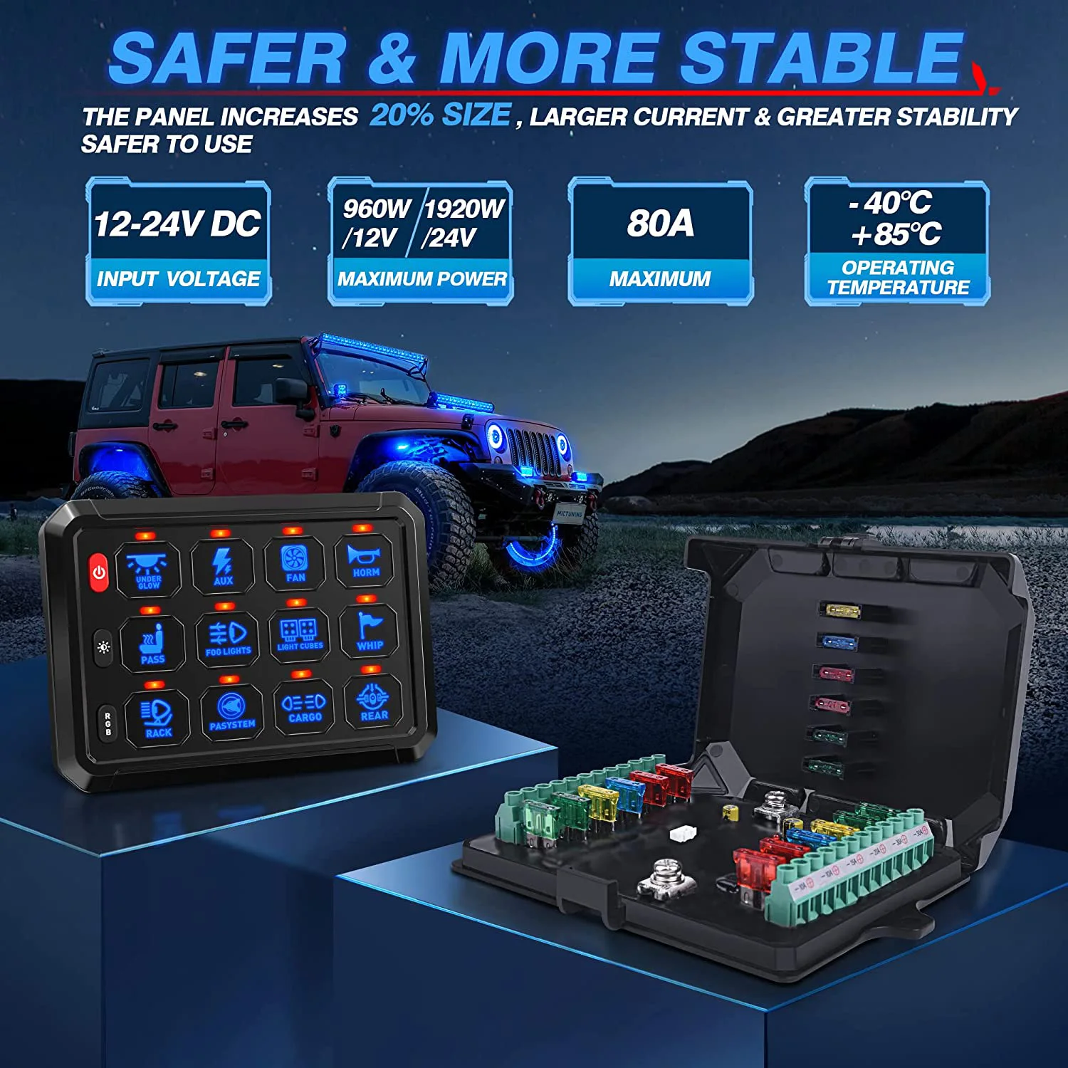 RGB 12 Gang Switch Panel, Multifunction Auxiliary Switch Pod Momentary Strobe Circuit Control Box