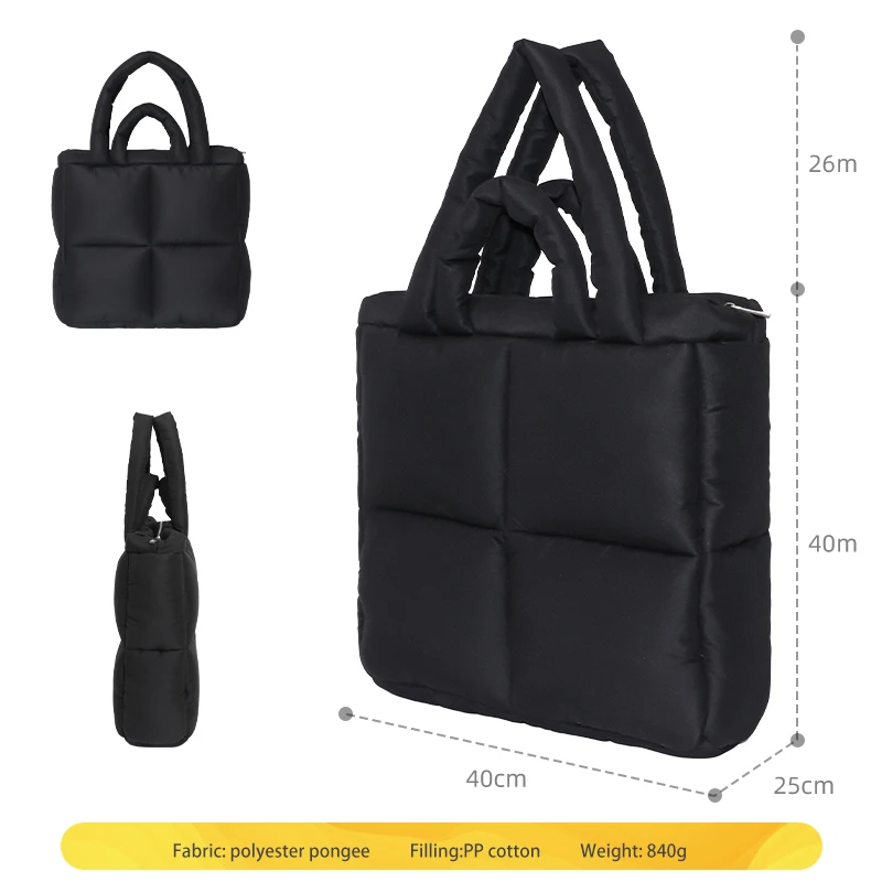 Lightweight Black Puffer Travel Quilted Tote Bag For Women Sotf Quilted Padding Handbag Bag