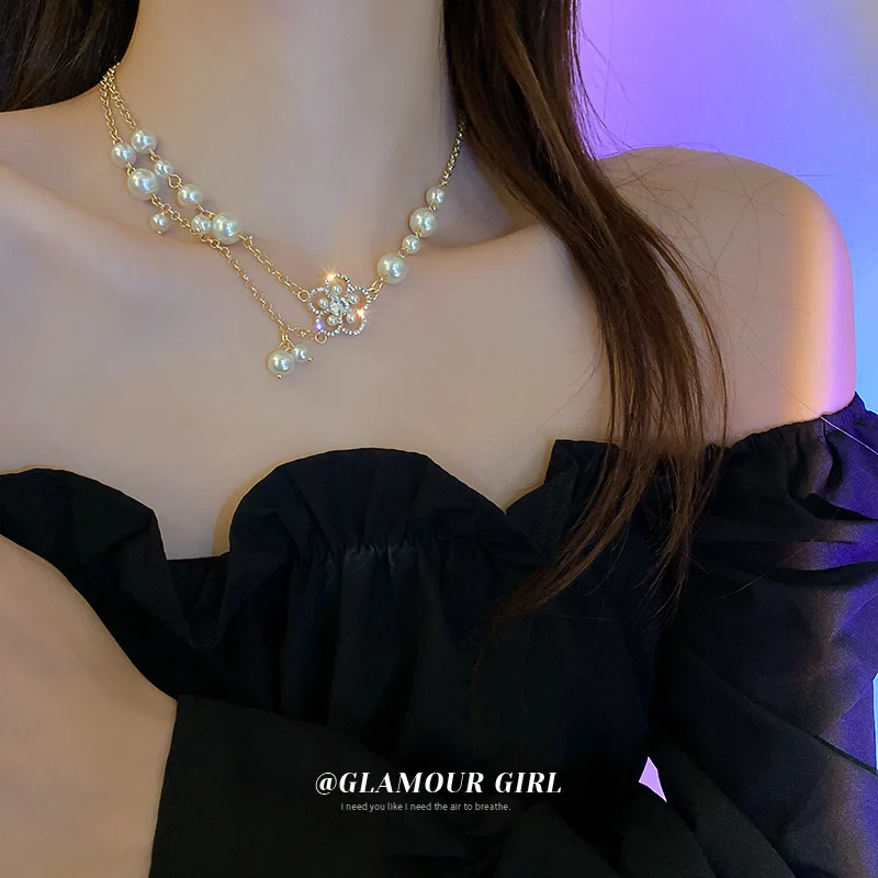 French Retro Flower Perl Necklace Women Luxury Gold Plated Jewerly Necklace Oyster Pearl Necklace Freshwater Jewelry