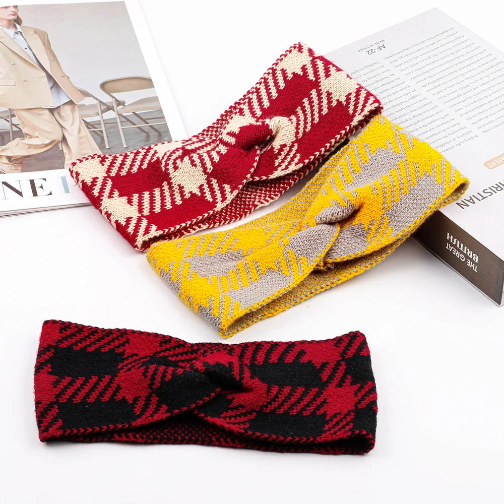 Women Thickened Cross Plaid Knitted Headbands Winter Ear Warmer Elastic Hair Band Crocheted Head Wraps