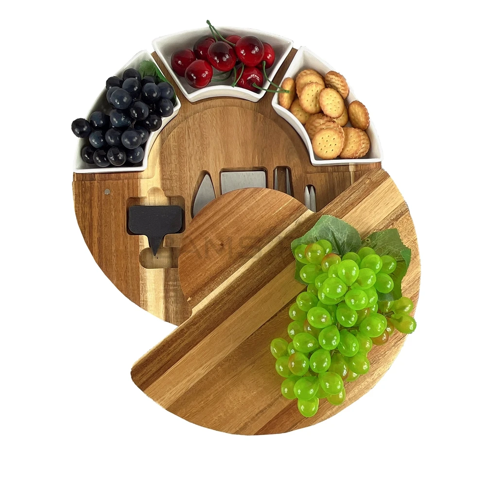 Acacia Wood Cheese Board Set, Charcuterie Boards, Acacia Wood Cheese Board with Knives