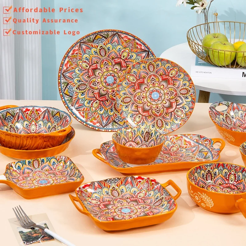 Sustainable Bohemian Ceramic Dinnerware Set Assorted Dishes Household Baking Tray With Plant Pattern Environmentally Stocked