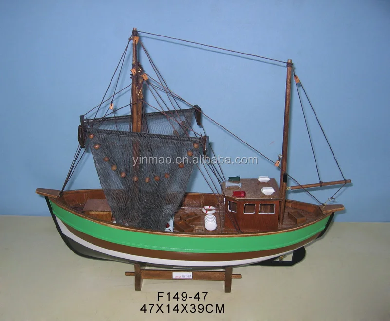 Wooden Shrimp/Crab Ship Model with 2 Fishing nets Green 47X14X39CM 2 mast Fishing boat model,