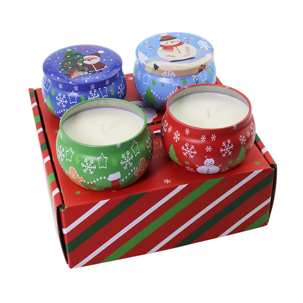 Лидер продаж, рождественские Роскошные ароматерапевтические свечи из соевого воска объемом 4 унции, оловянный ароматизированный подарочный набор