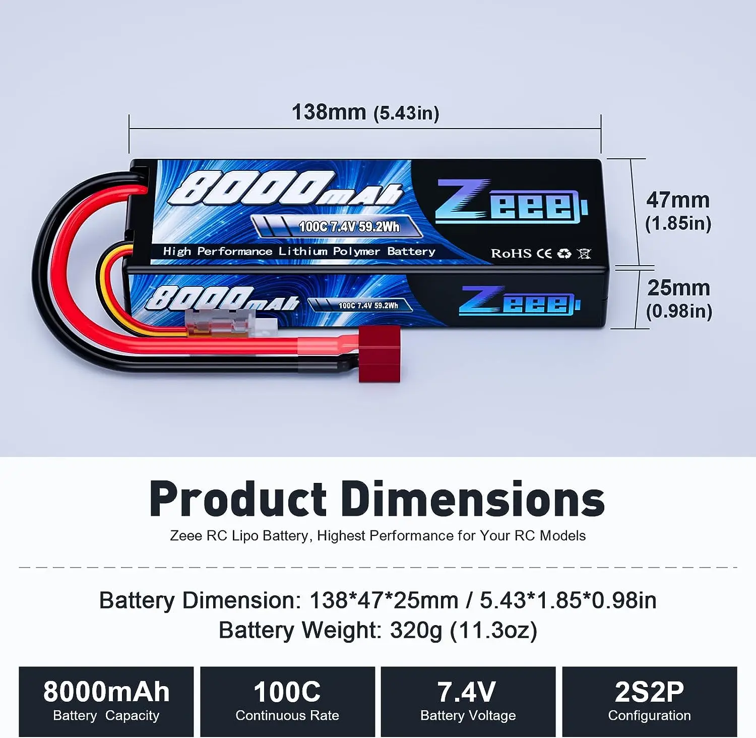Zeee 7 4 В Lipo Battery 2S 100C 8000mAh Lipos жесткий чехол с разъемом Dean-Style T для грузовиков RC 1/8 1/10 транспортных средств