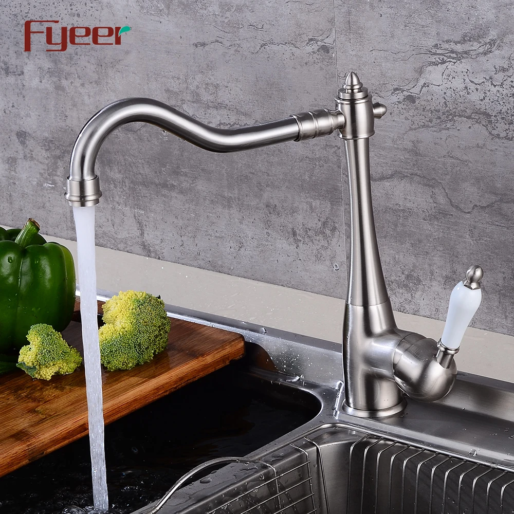 Fyeer Solid Brass Brush Finishing Kitchen Sink Mixer with Ceramic Handle
