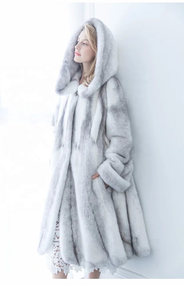 
Hot Sale Europe Design Women Long Coat Hood Genuine Mink Fur Coat 