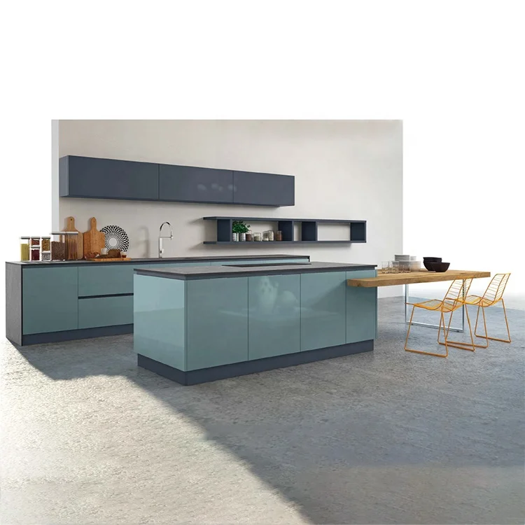 
2020 Trlife photo solid wood laminate wood grain and blue lacquer luxury wooden modular kitchen cabinets 