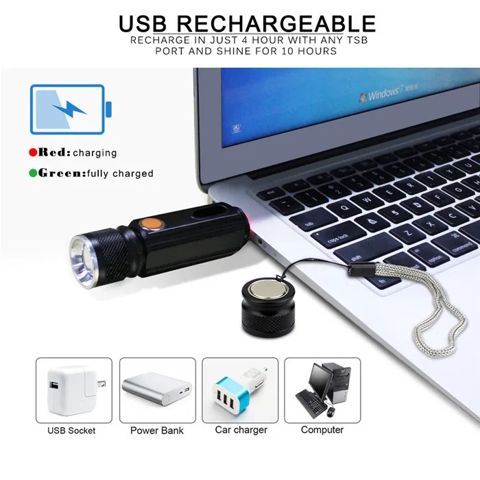 Высокая Мощность Магнитный COB T6 светодиодный фонарик USB Перезаряжаемый масштабируемый с магнитом