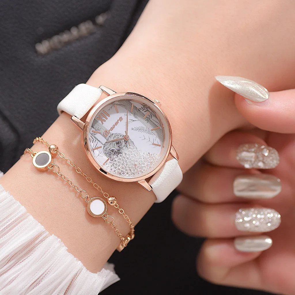 2020 hot-selling PU watch with owl pattern dial Quartz Lady watch birthday gift date