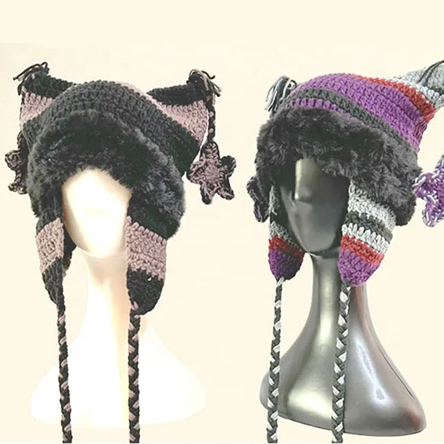 2024 The new sweet and lovely pure hand-woven warm woolen hat Pentagon galaxy knitted hat with cat ears wholesale
