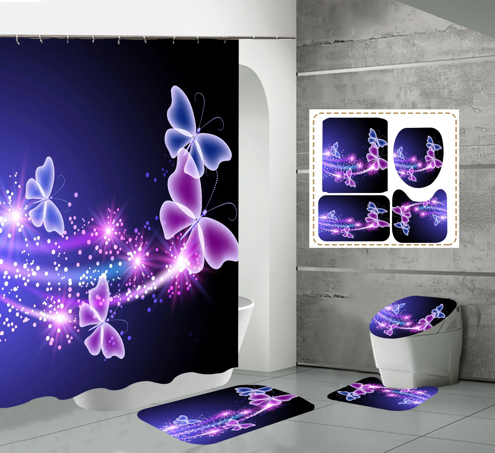 Customizable High Quality Eco-Friendly Polyester Modern 4pcs Waterproof 3D Printed Butterfly Shower Curtain Set Bathroom Curtain