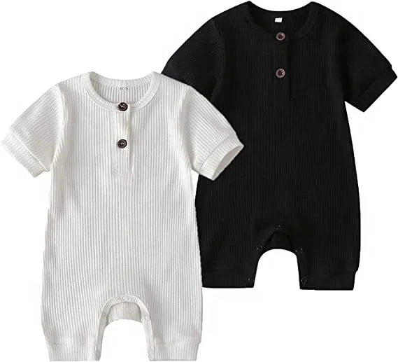 Unisex Natural Soft Ribbed Woven Fabric Snap Newborn Baby Pajama Infant Solid Sleepsuit Romper OEM Short Sleeves Jumpsuit