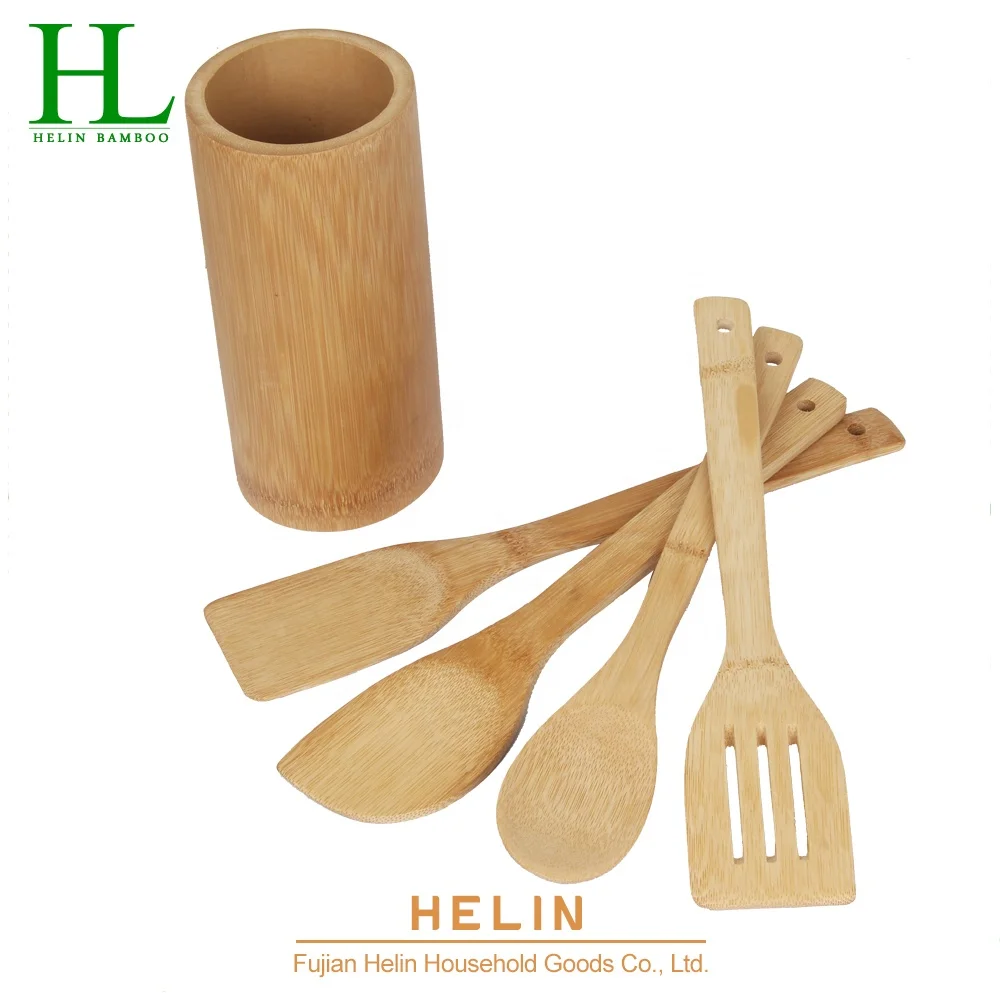 6 Pieces Bamboo kitchen utensils set with holder utensil holder kitchen