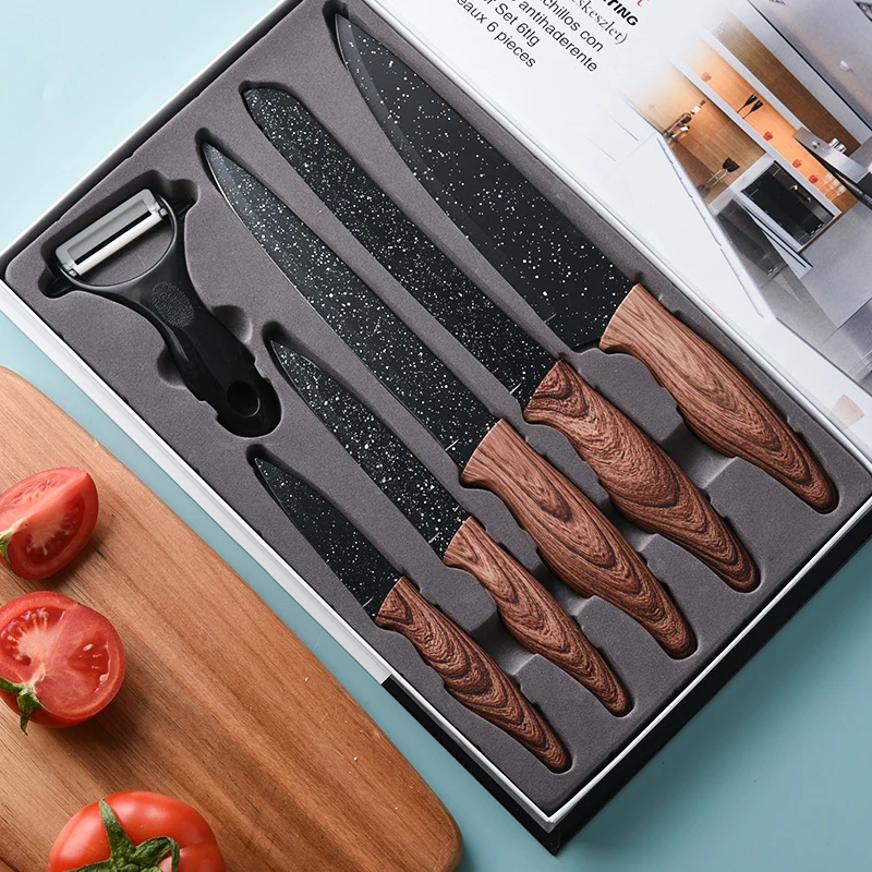 Exclusive In Stock 6 Pieces Wood Grain Handle Kitchen Knife Set Non-stick Coating Knife Set Wooden Handle Knives With Gift Box