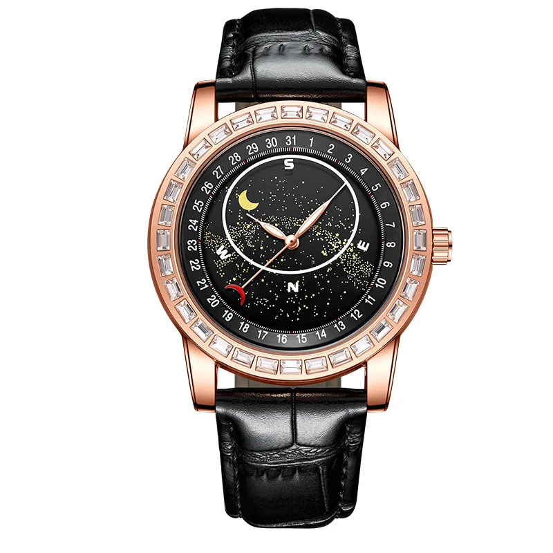 Fashionable Crystal Bezel Excel Watch Japan Quartz ATM Subdials Second Hand Working Star Dust No Mechanical Quartz Watch