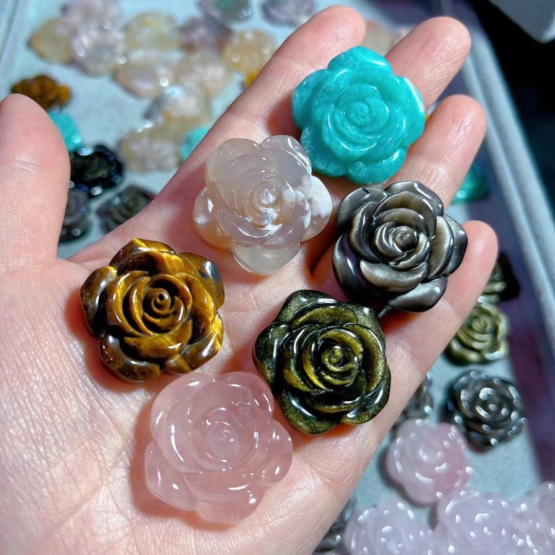 3CM Natural crystal healing pink blue tiger eyes crystal flower carving reiki amethyst Flower for gifts