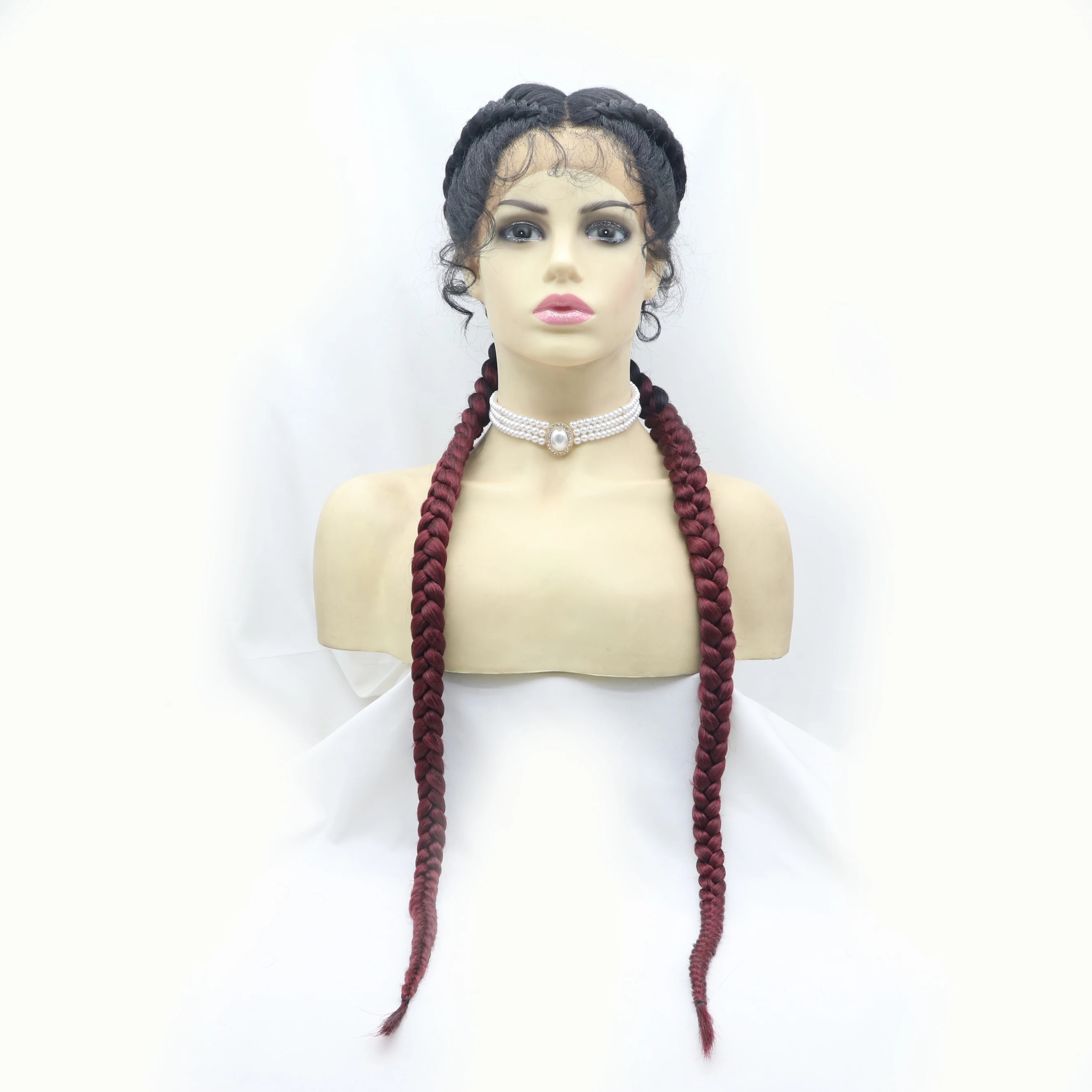Wholesale 24 Inch Long 2 Braids Wigs Synthetic 13*3 Lace Front Wigs For Black Women Heat Resistant Ombre Red Braided Wigs