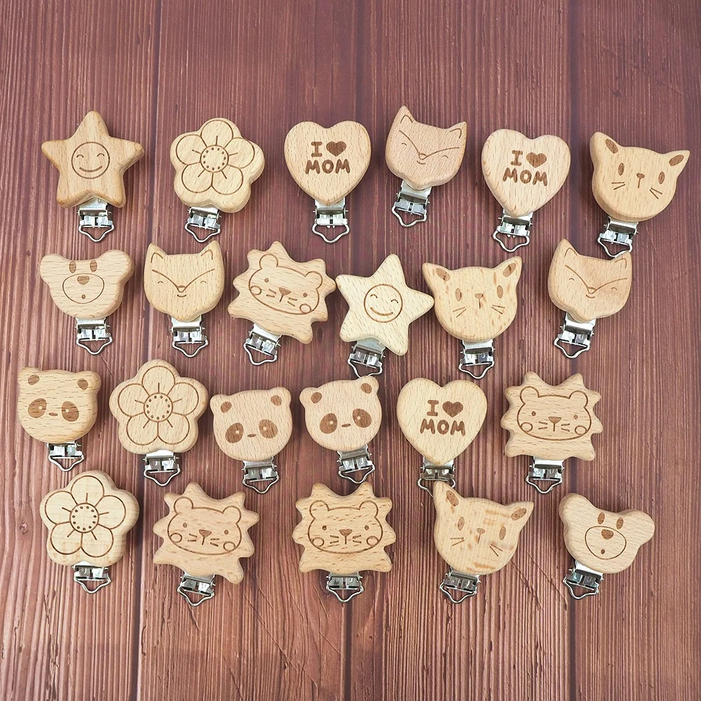 Wholesale Beech Wood Pacifoer Clip Round Infant Soother Clasps Holders Accessories Toy Wood Pacifier Clip