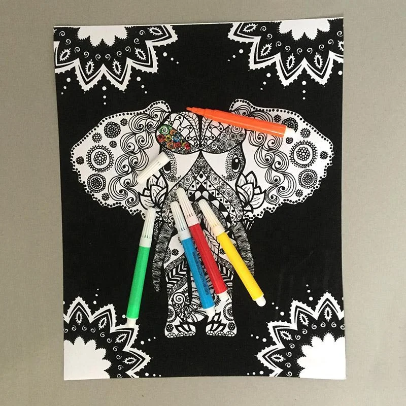 Guangzhou Factory High Quality Custom Coloring Book Printing Black Velvet Coloring Poster with 5 Coloring Pen For Kids