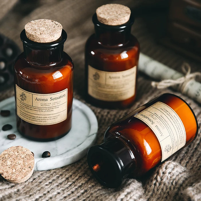 artificial home wedding decor oil vanilla lemon aromatic pharmacy amber bottle customize logo scented favor odor candle with box