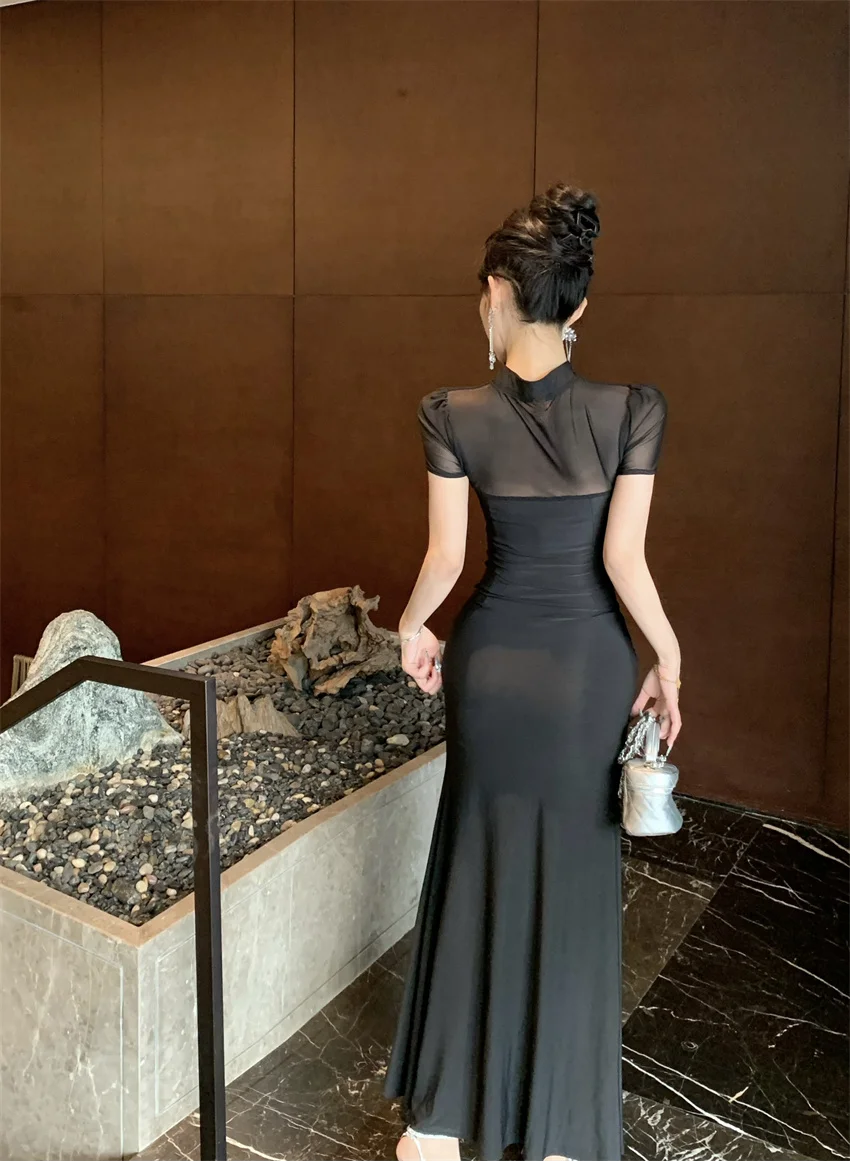 New Chinese Style Cheongsam Tulle Patchwork Beading High Slit Design Sexy Party Dress for Adults and Girls