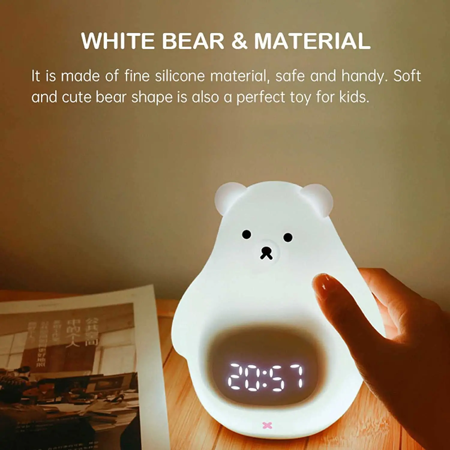 Bear Night Light Cute Kids Alarm Clock Soft BPA-Free Silicone Portable Nursery Lamp Children USB Rechargeable Nightlight