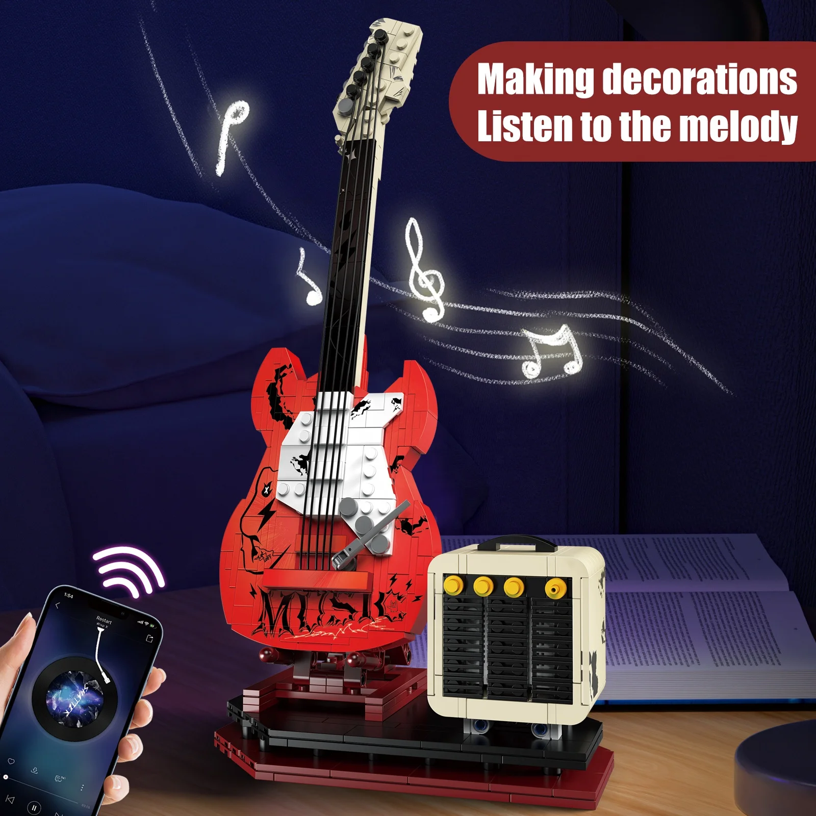 Assembly DIY Guitar Building Block Set Toys Bluetooth Speaker Creative Indoor Home Office Desk Ornaments For Adult Holiday Gift