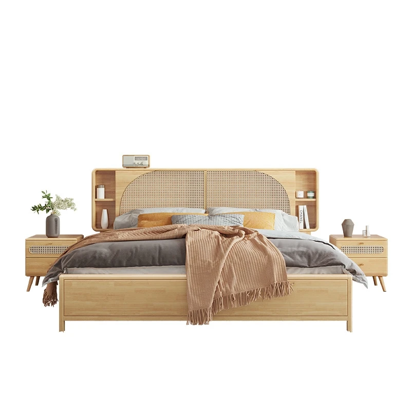 Rattan solid wood bed king size double real rattan Nordic wabi-sabi style wooden bed simple bedroom furniture set