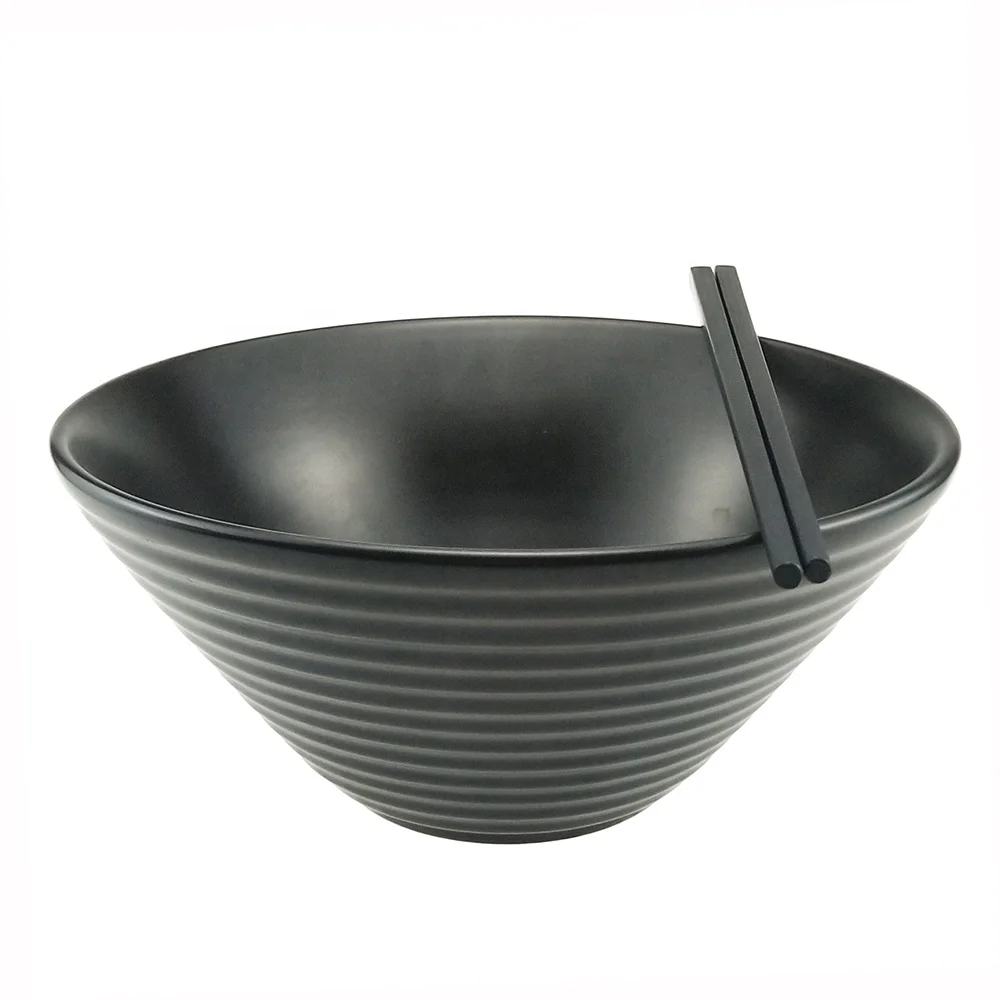 Black Striped 37 Oz Wide Open Big Ramen Bowl with Chopsticks Japanese Ceramic Minimalist Customized Sustainable Bulk Pack A/B