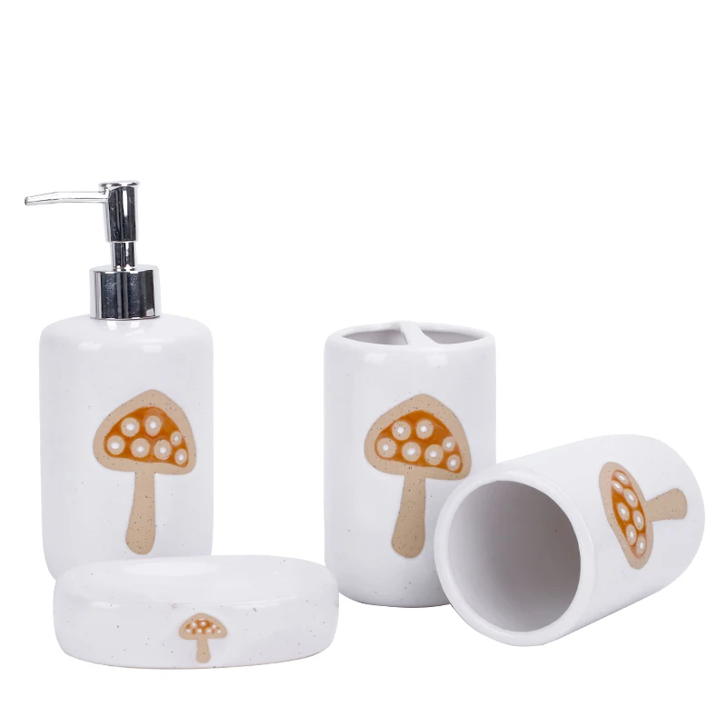 Redeco New Arrival Mushroom Toiletries Set White Soap Dish Toothbrush Holder Soap Dispenser Set Ceramic 4 Piece Bathroom