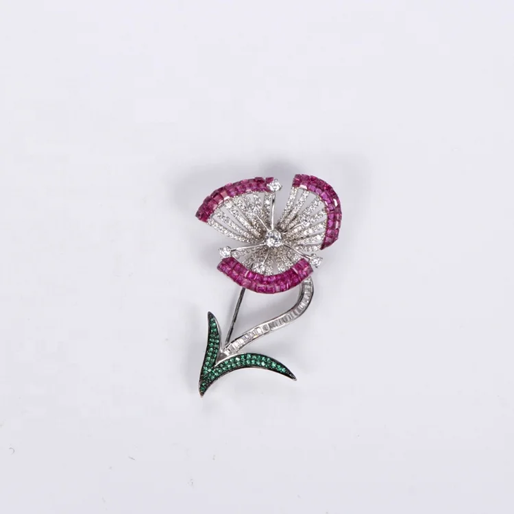 Fashion Ruby Wedding Garment crystal brooch Flower Enamel Pin Brooches Womens 925 Silver Jewelry
