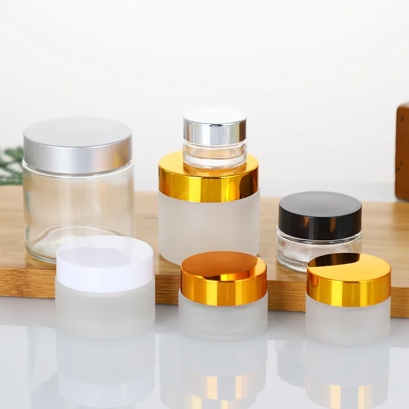 Transparent Frosted Black round Glass Cosmetic Jar with Plastic Gold Caps 5g-100g Range for Creams
