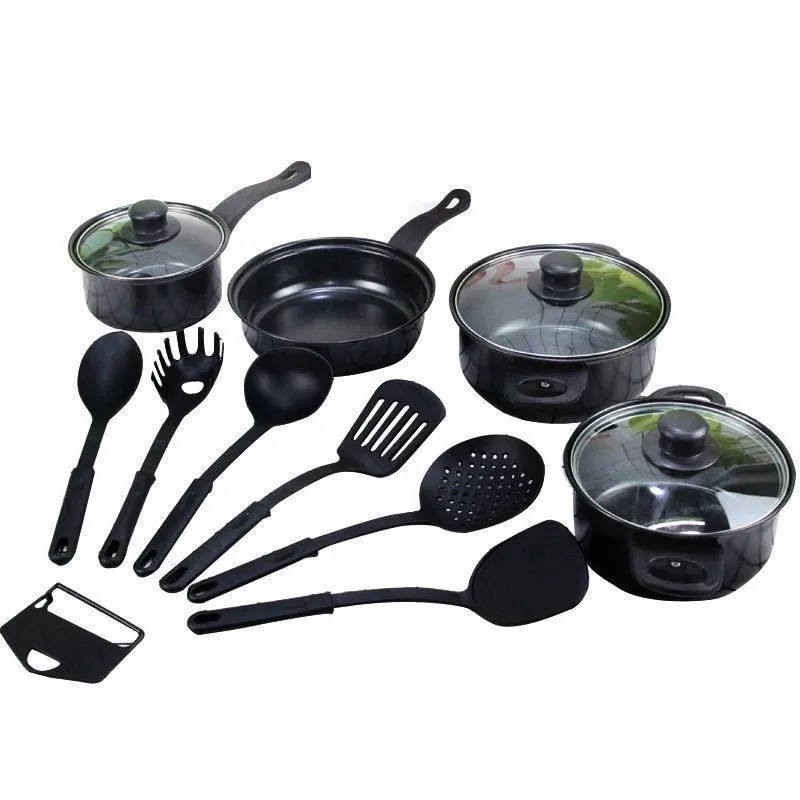 Multi-Piece Kitchen Cookware Set Stone Non-Stick Iron Pans and Pots for Soup Stew Frying and Woks with Spatula and Spoon
