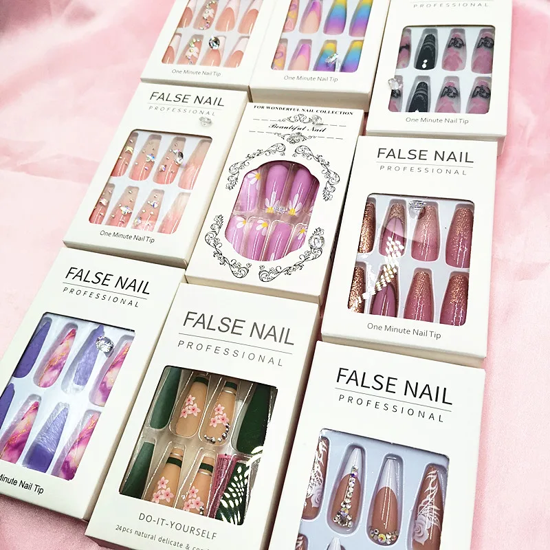 Wholesale 3D Nail Art Long Coffin Acrylic French Pre Design False Nails Tips Back Glue Press On Nail Tips Artificial Fingernails