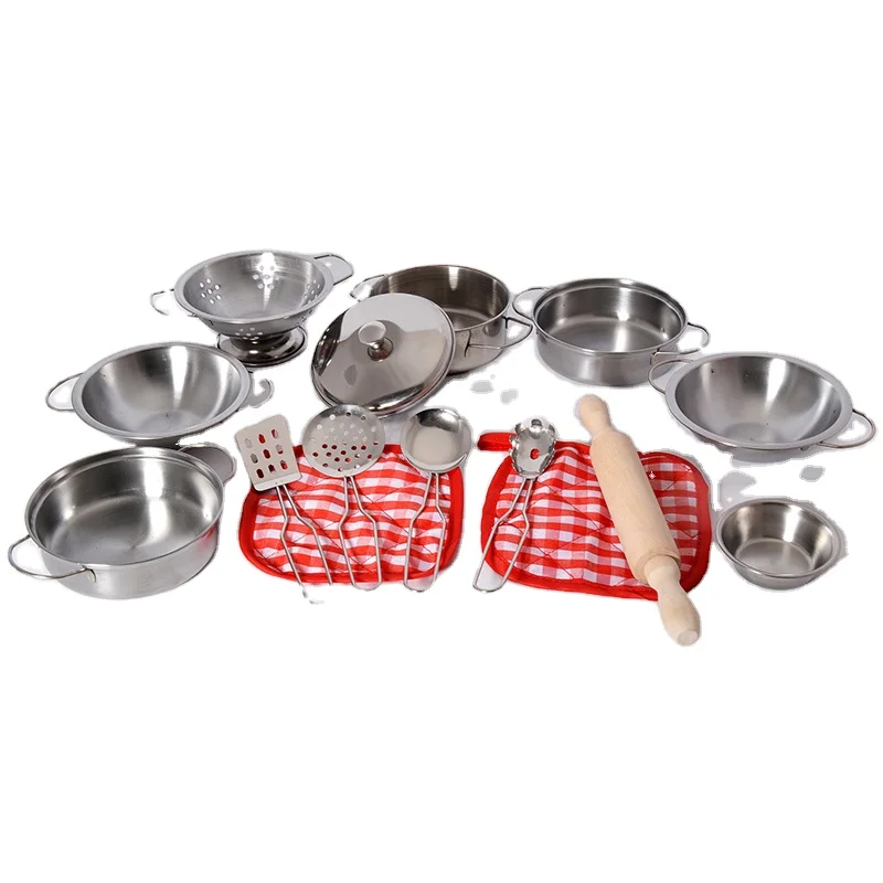 Bemay Toy Play House Stainless Steel Cooking Set, Pretend Play Mini Cooking Set for Kids