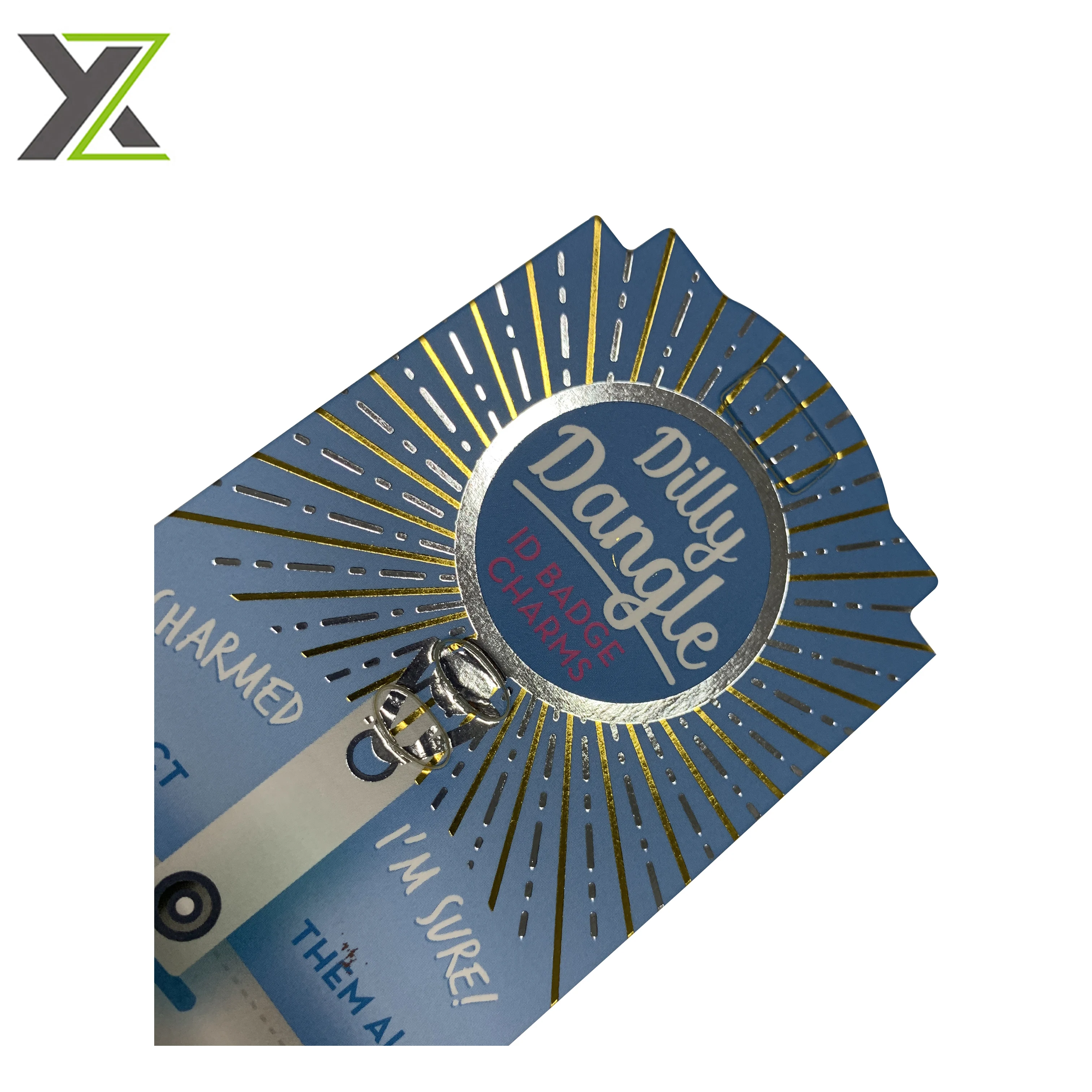 Custom design printing gold and silver foil Badge Reels hang tag