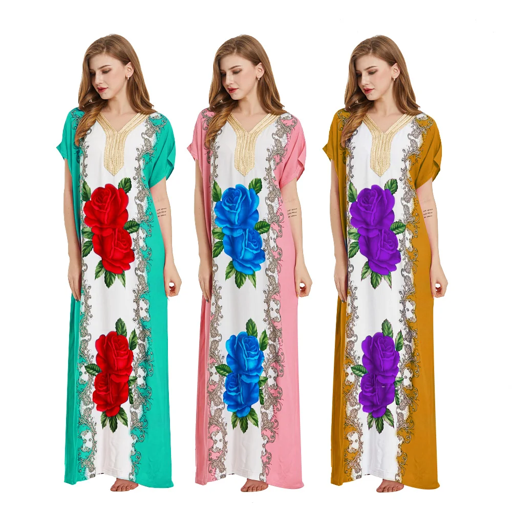 Popular printed flower Golden neckline india long dress maxi Islamic Clothing