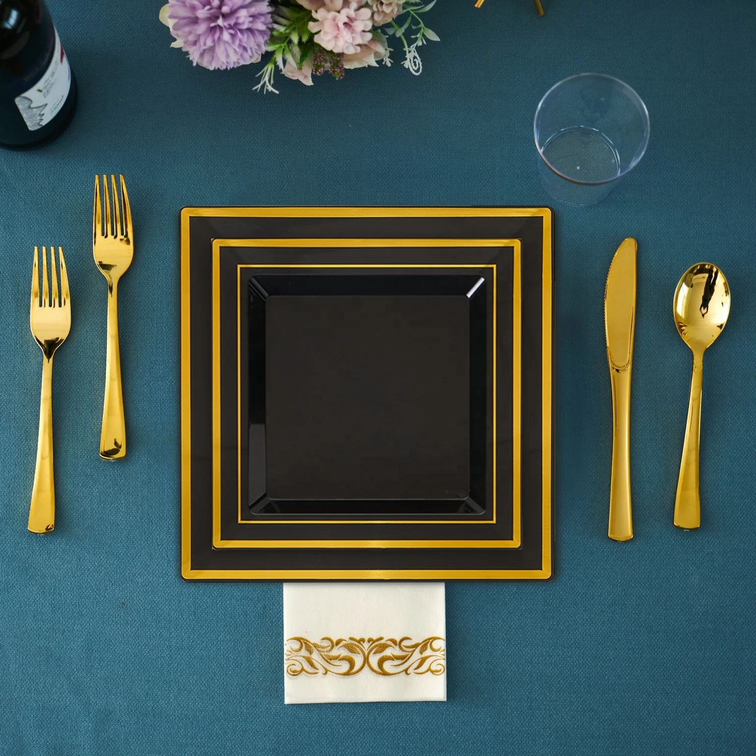 Cheap golden rim decorative wedding party disposable square plastic plates and cutlery