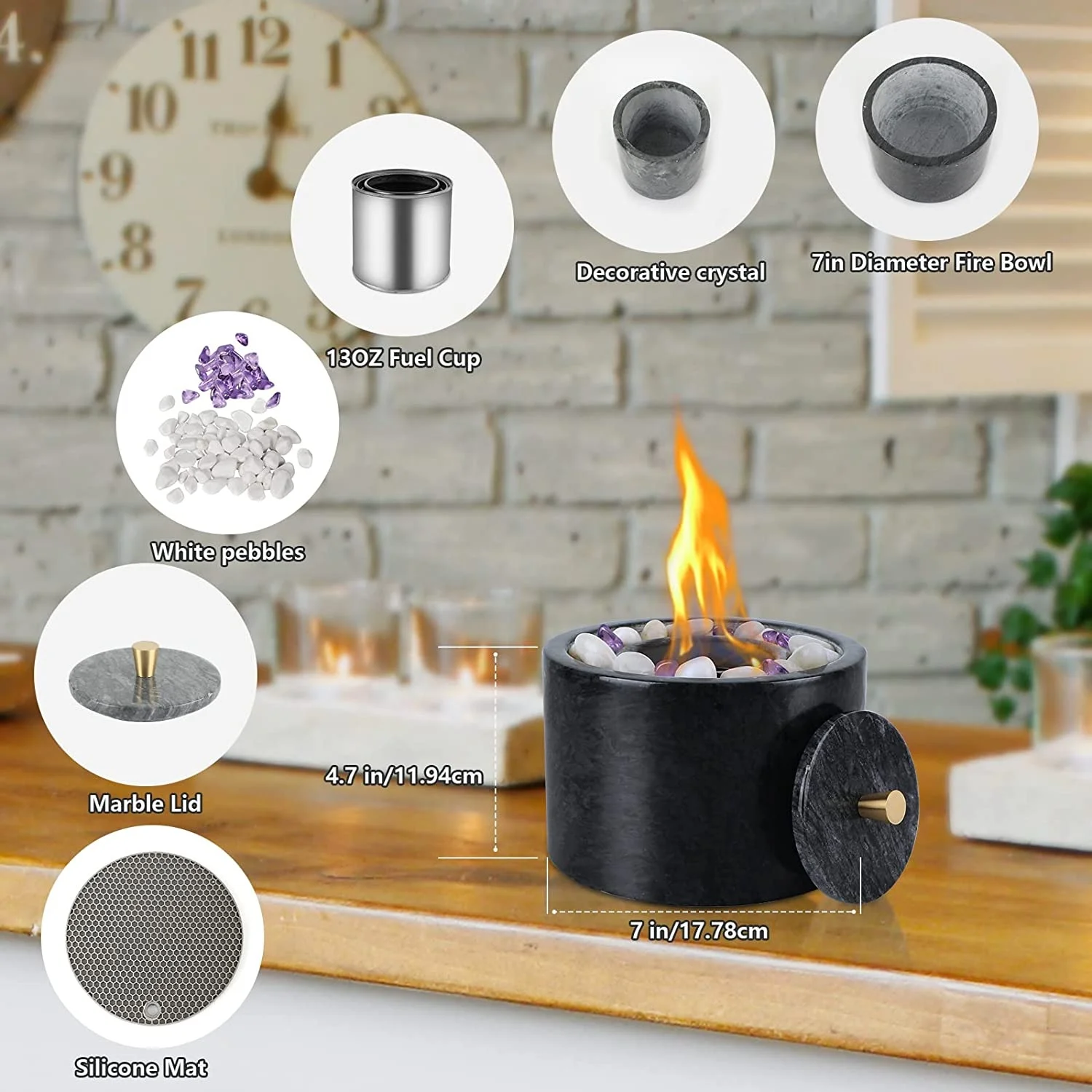 Tabletop Fireplace with Glass Stone Tabletop Fire Pit Bowl Indoor Outdoor with Marble Portable