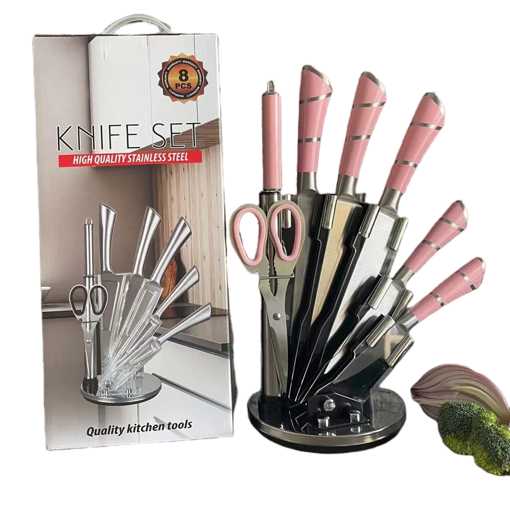 Factory Wholesale Professional Hollow Handle Kitchen Chef Knife 9PCS pink Stainless Steel Knives Set with Block