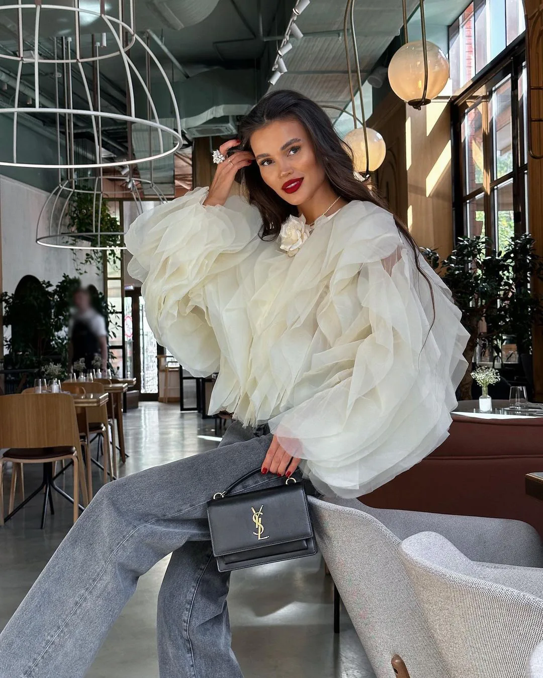 S-5XL Plus Size Long Sleeve Short Top Fashion Women Clothing Patchwork Ruffle Trim Round Neck Shirt Layered Petal Chiffon Blouse