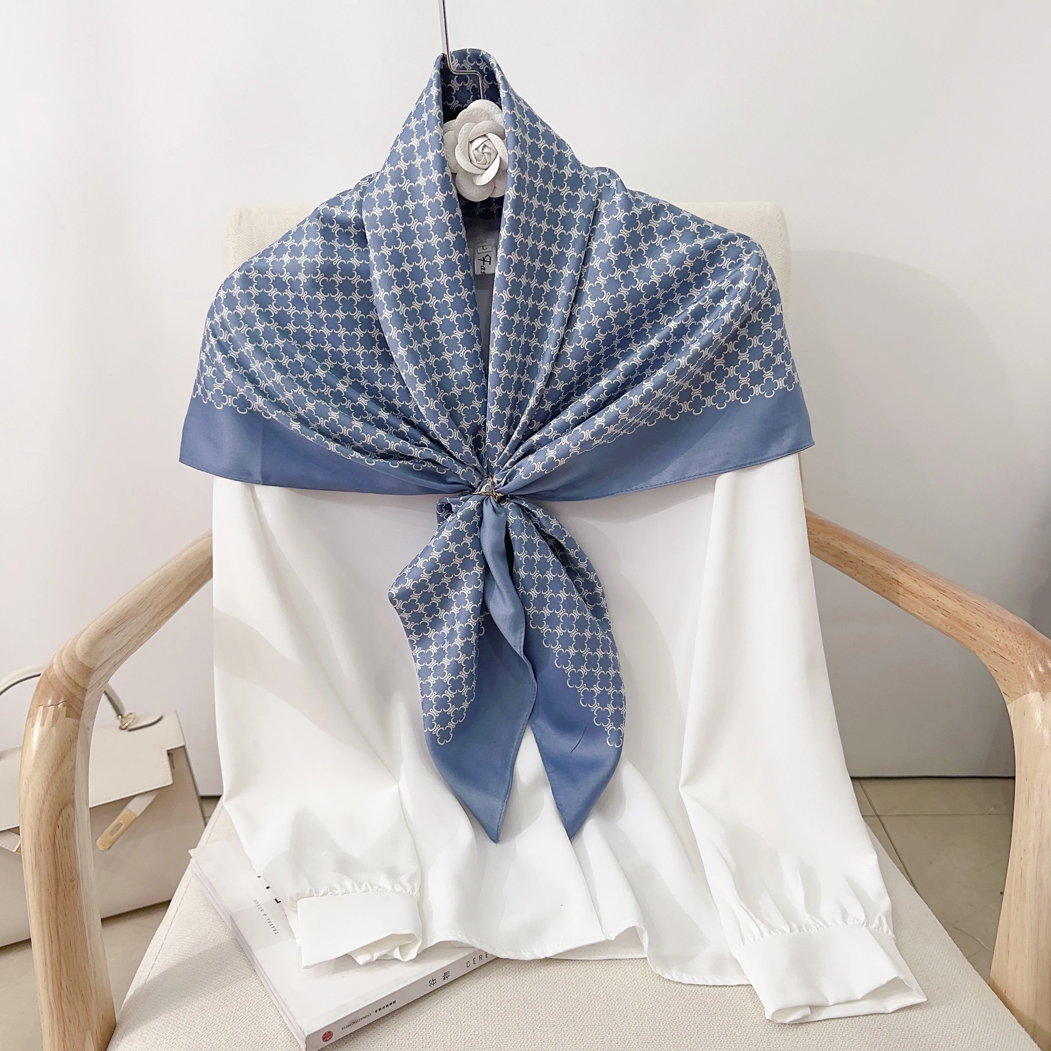 2024 New Polyester Silk Printed 90x90CM Square Tudung Silk Scarf Muslim Printed Silk Square Hijabs  Bandanas