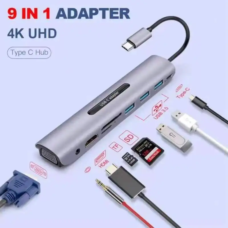 Type C USB 3.1 Docking Station 3.0 Adapter 9 In 1 PD Charge Micro SD TF card Audio HDTV VGA Usb C Hub