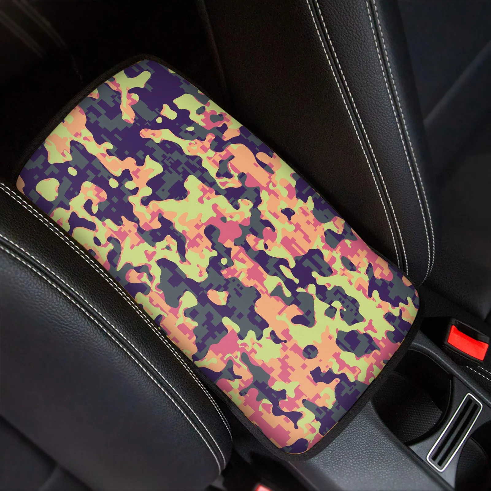 Washable Car Armrest Cover Light Green And Flesh Color Camouflage Style Print Car Console Armrest Pad Car Central Armrest Box