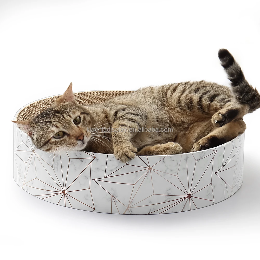 New Interactive Pet Products Cat-Shaped Corrugated Paper Scratcher and Round Lounge/Bed for Play and Scratching