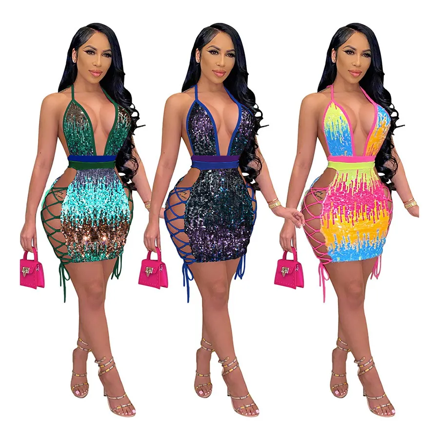 Foma S390072 оптовая продажа одежда 2021 женские Сексуальные облегающие платья с открытой спиной для ночного клуба платье-мини контрастных цветов