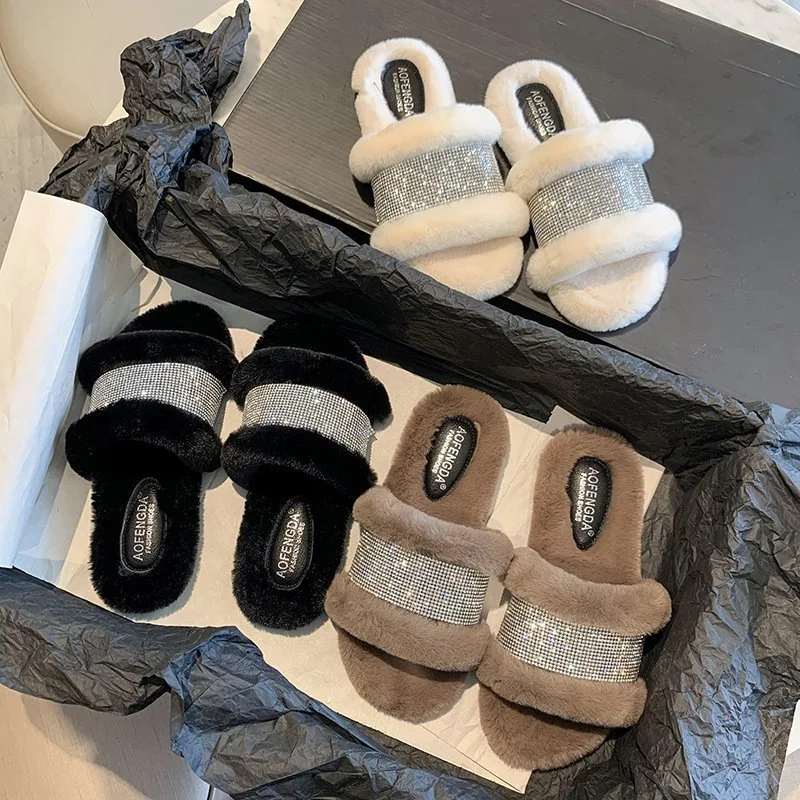 Wholesale Real Fox Slippers Fluffy Ball Faux Fluffy Fox Fur Slides For Women